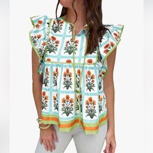 Green Floral Peplum Blouse XL Ruffle Cap Sleeve Boho Top